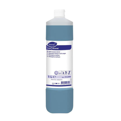 Uma garrafa de 1 litro do limpador multiuso azul TASKI Alconet da Diversey Deutschland GmbH & Co. OHG. O rótulo contém instruções de uso multilíngues e destaca a versatilidade e o poder de limpeza deste produto.