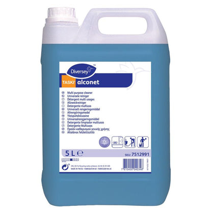 Um recipiente de 5 litros de limpador multiuso TASKI Alconet da Diversey Deutschland GmbH & Co. OHG com líquido azul e um rótulo branco com detalhes do produto em várias línguas, símbolos e um código de barras.