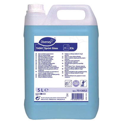 Um recipiente de 5 litros do limpa-vidros e superfícies TASKI Sprint Glass da Diversey Deutschland GmbH & Co. OHG, um limpador azul para superfícies sem manchas, vem com um rótulo com detalhes do produto, instruções de uso e código de barras.