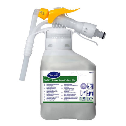 Um recipiente de 1,5 litros de plástico branco com TASKI Jontec Tensol Detergente de alta concentração da Diversey Deutschland GmbH & Co. OHG, com um bico pulverizador amarelo e um rótulo com detalhes do produto e instruções de uso.