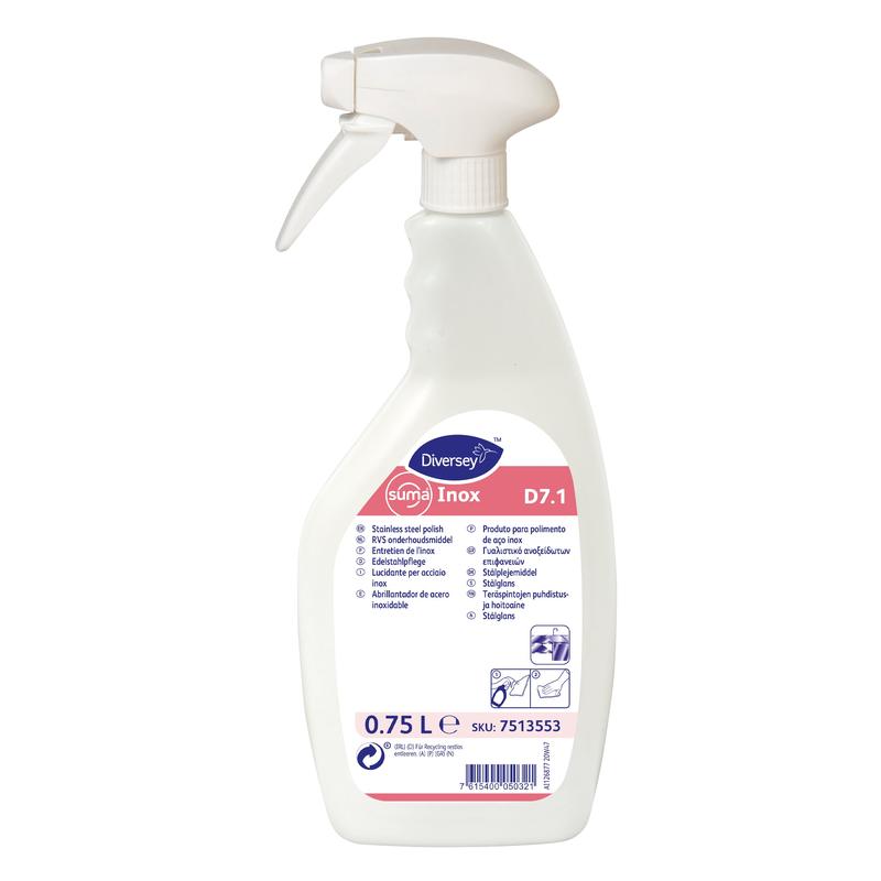 Uma garrafa de spray branca de 750 ml Diversey Suma Inox D7.1 Emulsão para cuidado de aço inoxidável da Diversey Deutschland GmbH & Co. OHG, com um bico de spray branco e um rótulo rosa-azul com instruções de limpeza multilíngues para aço inoxidável.