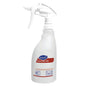 Uma garrafa spray branca (0,5L) da Diversey Deutschland GmbH & Co. OHG com a inscrição "Sani 100" e gatilho vermelho, com instruções de limpeza azul e vermelha na frente; disponível como garrafa de recarga em caixa com 5 garrafas.