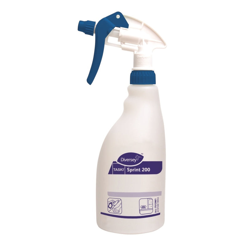 A garrafa de spray de gatilho Diversey Deutschland Sprint 200 (0,5L) possui um pulverizador azul, um manual de instruções e um logotipo de marca. Fácil de manusear e recarregar como garrafa de recarga para uso conveniente.