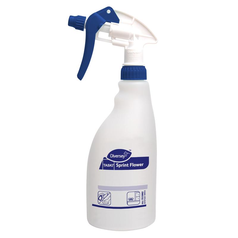 Um frasco de spray de gatilho de plástico branco, rotulado com "Sprint Flower" da Diversey Deutschland GmbH & Co. OHG, com um bico de pulverização azul (0,5L). Pictogramas e texto na frente fornecem instruções de limpeza. Entregue em uma caixa com 5 frascos.