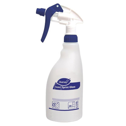 Um frasco de spray de plástico branco com gatilho azul e a inscrição "Diversey Deutschland GmbH & Co. OHG TASKI Sprint Glass Limpa-vidros e superfícies" garante limpeza sem manchas e exibe instruções de limpeza para superfícies de vidro.