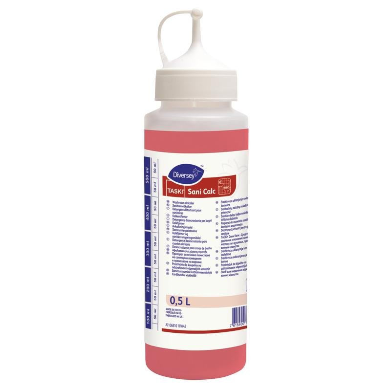 A garrafa doseadora de 0,5L Sani Calc da Diversey Deutschland GmbH & Co. OHG possui uma tampa e bico brancos, um rótulo vermelho multilíngue com instruções de uso, para a dosagem precisa do limpador Sani Calc.