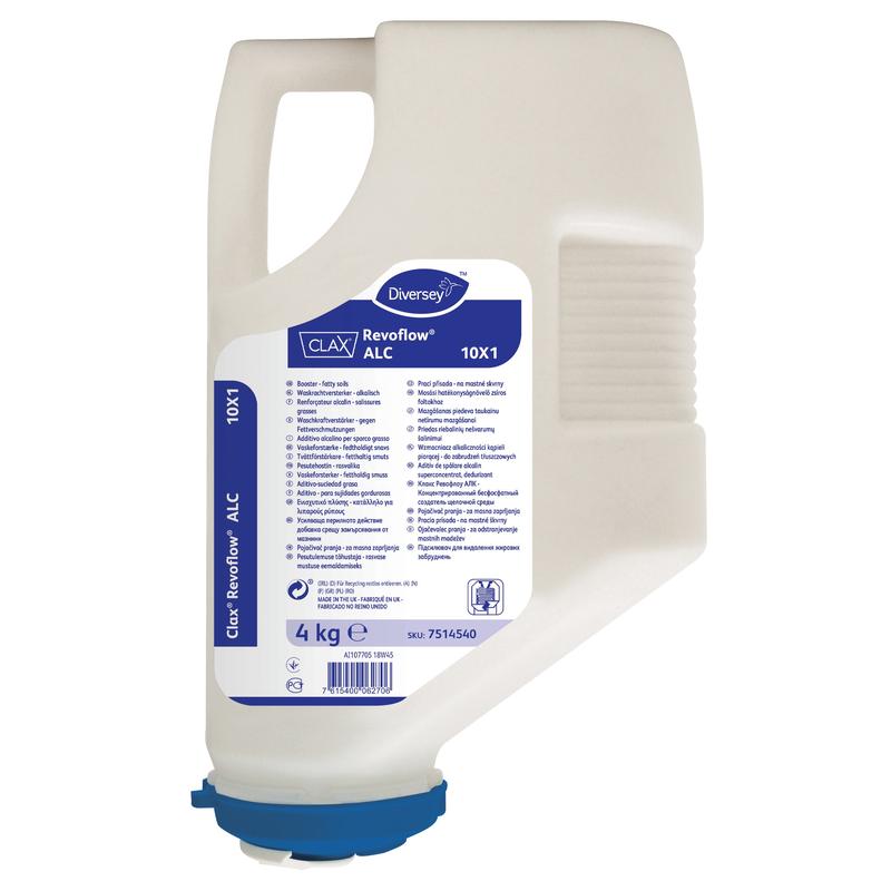 Um cartucho de 4 kg de plástico branco com Diversey Clax Revoflow ALC 10X1, um intensificador alcalino altamente concentrado e sem fosfatos para o sistema Revoflow da Diversey Deutschland GmbH & Co. OHG, desenvolvido para aplicações profissionais de lavandaria.