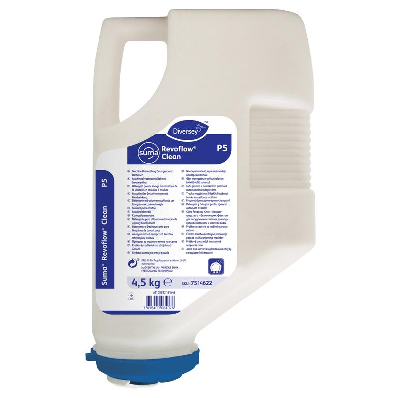 Um cartucho de plástico branco com 4,5 kg de Diversey Suma Revoflow Clean P5, um detergente à base de cloro para água dura da Diversey Deutschland GmbH & Co. OHG, com tampa e alça azuis e rótulo multilíngue.