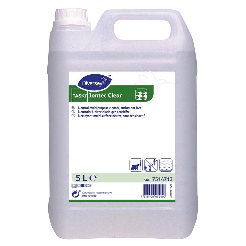 Um recipiente de plástico de 5 litros com TASKI Jontec Clear Limpador para pavimentos duros da Diversey Deutschland GmbH & Co. OHG, pH neutro. O recipiente translúcido possui uma tampa branca, uma alça de transporte branca e um rótulo azul-verde-branco.