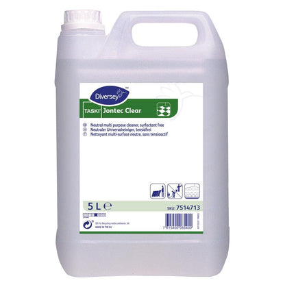 Um recipiente de plástico de 5 litros com TASKI Jontec Clear Limpador para pavimentos duros da Diversey Deutschland GmbH & Co. OHG, pH neutro. O recipiente translúcido possui uma tampa branca, uma alça de transporte branca e um rótulo azul-verde-branco.