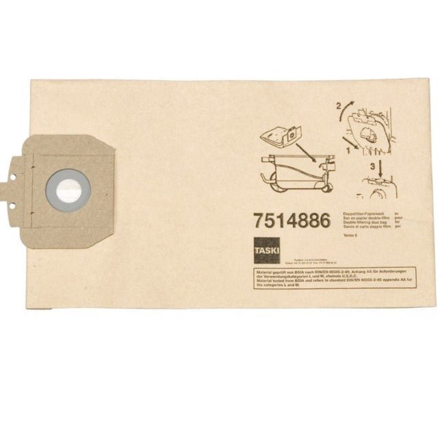 Um saco de papel retangular marrom com filtro duplo para TASKI vento 8 / baby bora da Diversey Deutschland GmbH & Co. OHG, com colarinho de papelão à esquerda e instruções impressas em preto e números de produto à direita; embalagem de 10 unidades.