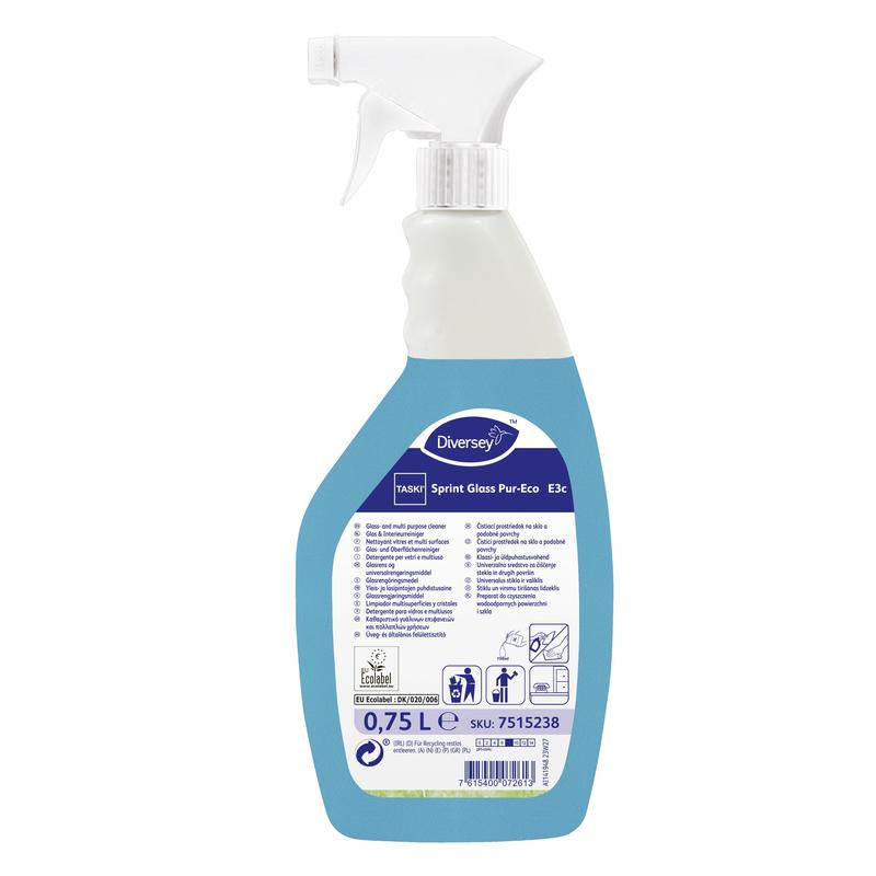 Um frasco de spray branco e azul com a inscrição "TASKI Sprint Glass Pur-Eco Limpador de Vidros e Superfícies" da Diversey Deutschland GmbH & Co. OHG contém 0,75 litros de limpador ecológico, com instruções de uso no rótulo traseiro.