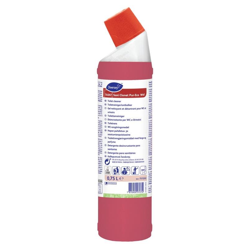 A garrafa vermelha TASKI Sani Clonet Pur-Eco WC-Reiniger da Diversey Deutschland GmbH & Co. OHG com tampa de rosca branco-vermelha tem capacidade de 0,75 litros. O rótulo contém informações em várias línguas. A fórmula ecológica garante uma limpeza higiênica.