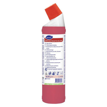 A garrafa vermelha TASKI Sani Clonet Pur-Eco WC-Reiniger da Diversey Deutschland GmbH & Co. OHG com tampa de rosca branco-vermelha tem capacidade de 0,75 litros. O rótulo contém informações em várias línguas. A fórmula ecológica garante uma limpeza higiênica.