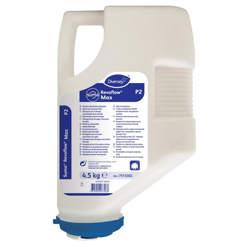 Um cartucho de 4,5 kg de Suma Revoflow Max P2 da Diversey Deutschland GmbH & Co. OHG, um limpador sem cloro para água macia a moderadamente dura, com informações do produto e instruções em várias línguas no rótulo.