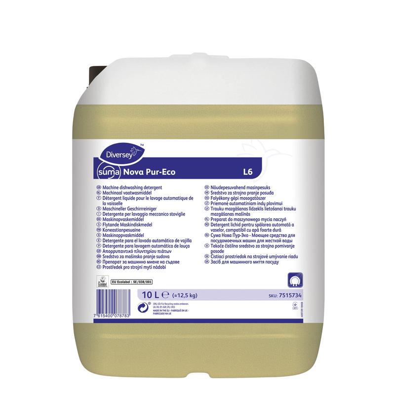 Ein 10-Liter-Kunststoffbehälter Suma Nova Pur-Eco L6 Geschirrreiniger, flüssig von Diversey Deutschland GmbH & Co. OHG, mit weißem Deckel und mehrsprachigem Etikett für die Verwendung in gewerblichen Spülmaschinen.