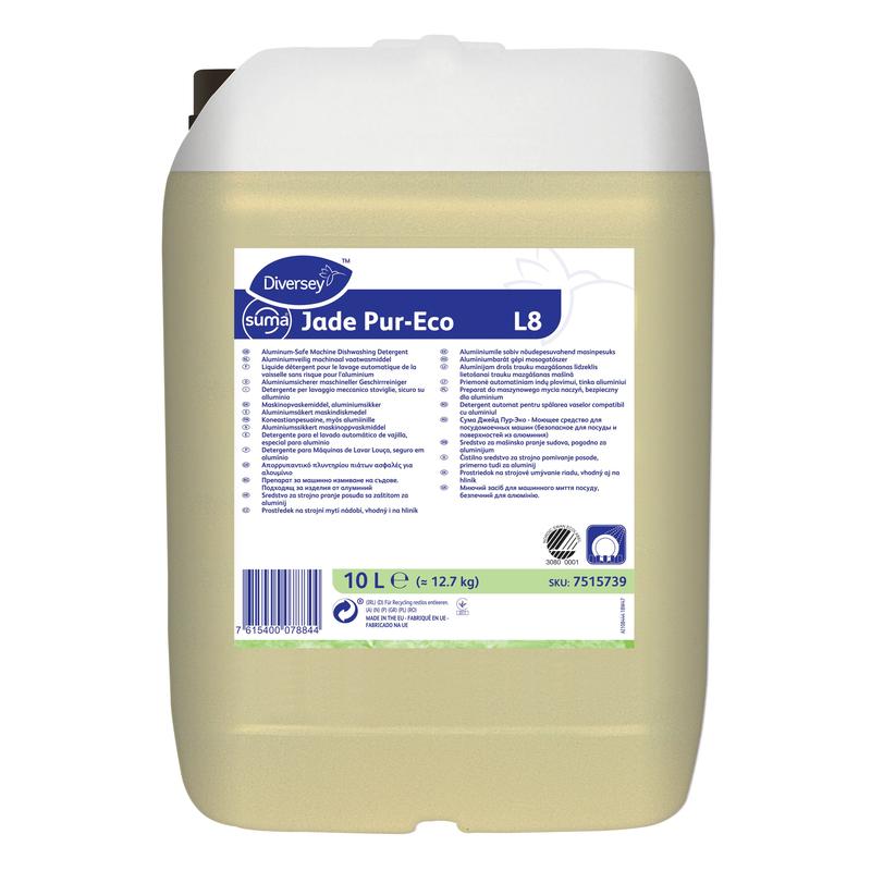 Um recipiente de 10 litros de Suma Jade Pur-Eco L8 da Diversey Deutschland GmbH & Co. OHG, um detergente ecológico e seguro para alumínio, com rótulo multilíngue para informações e instruções do produto.