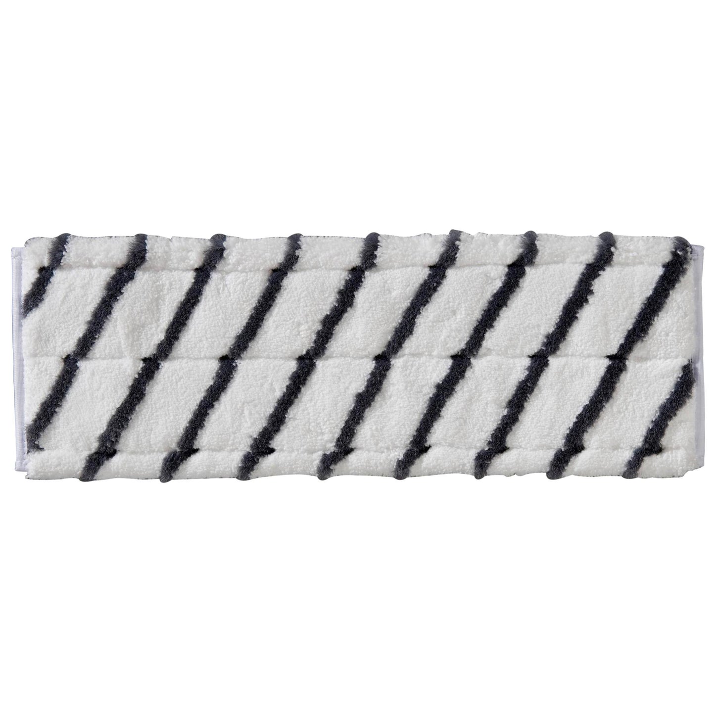 O TASKI MicroEasy Scouring Mop da Diversey Deutschland GmbH & Co. OHG é uma almofada retangular branca com listras pretas diagonais, ideal para limpeza de azulejos e remoção de sujeiras fortemente aderidas. Caixa com 5 embalagens.