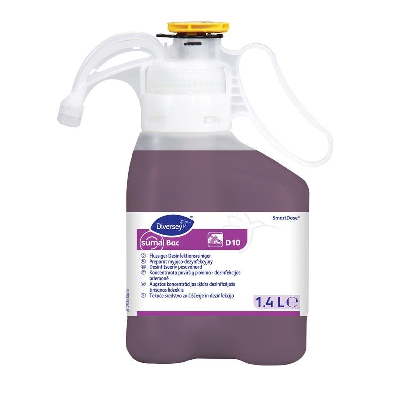 Uma garrafa de 1,4 litros de Desinfetante Diversey Suma Bac D10 SD no sistema SmartDose da Diversey Deutschland GmbH & Co. OHG para limpeza profissional.
