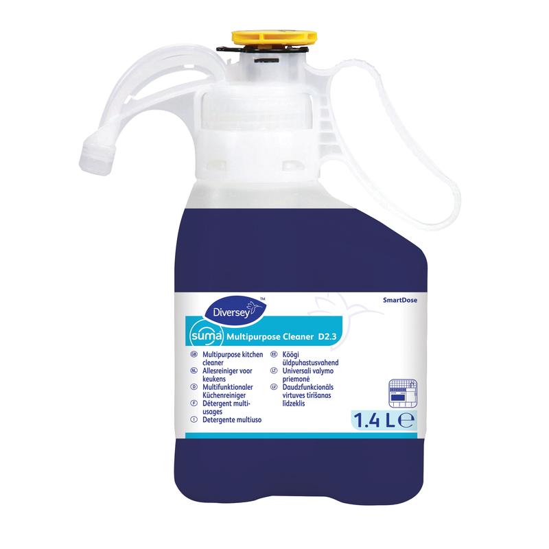 Diversey Suma Multiuso D2.3 SD, 1.4L, com sistema SmartDose para a limpeza eficaz de superfícies, pisos, vidros e louças; etiqueta branca/azul, pega branca, tampa amarela. Marca: Diversey Deutschland GmbH & Co. OHG.