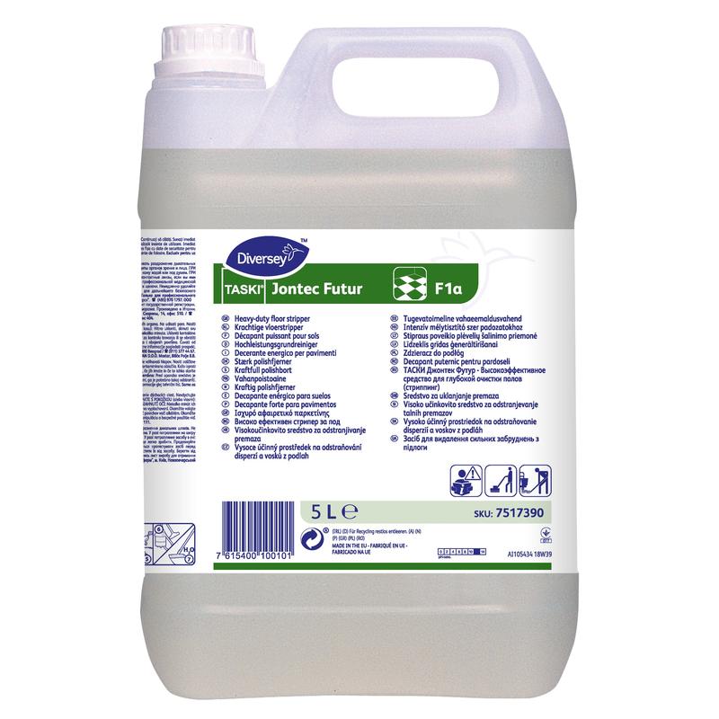 Um recipiente de 5 litros de TASKI Jontec Futur, um limpador universal básico para todos os revestimentos resistentes a álcalis da Diversey Deutschland GmbH & Co. OHG, com alça e rótulo frontal com instruções de uso e símbolos de segurança.