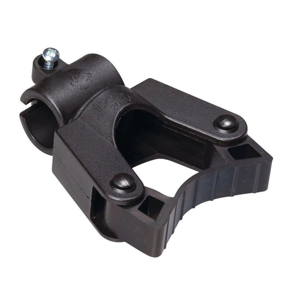 O suporte de cabo TASKI para fixação de tubo (20 mm) da Diversey Deutschland GmbH & Co. OHG é uma braçadeira de plástico preta com uma pega texturizada, dobradiça arredondada e pino de metal - ideal para a fixação manual de tubos (embalagem: 1 unidade).