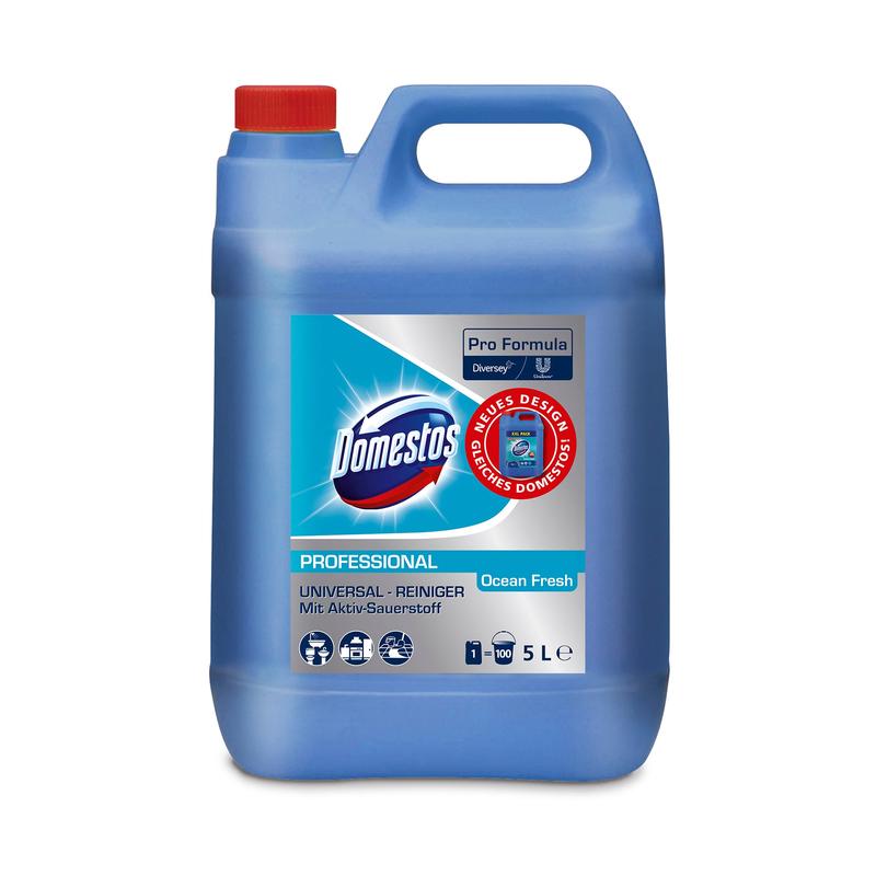Um recipiente de plástico azul de 5L DOMESTOS Professional Ocean Fresh Universalreiniger com oxigénio ativo da Diversey Deutschland, com tampa e pega vermelhas, está equipado com uma etiqueta multilingue com informações de limpeza e marca.