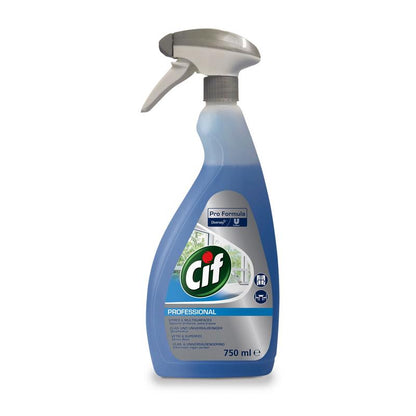 Uma garrafa de spray recarregável de 750 ml de Cif Professional Limpa Vidros e Multiusos da Diversey Deutschland GmbH & Co. OHG com líquido azul, cabeça de spray cinza e branca e etiqueta para limpeza sem manchas.