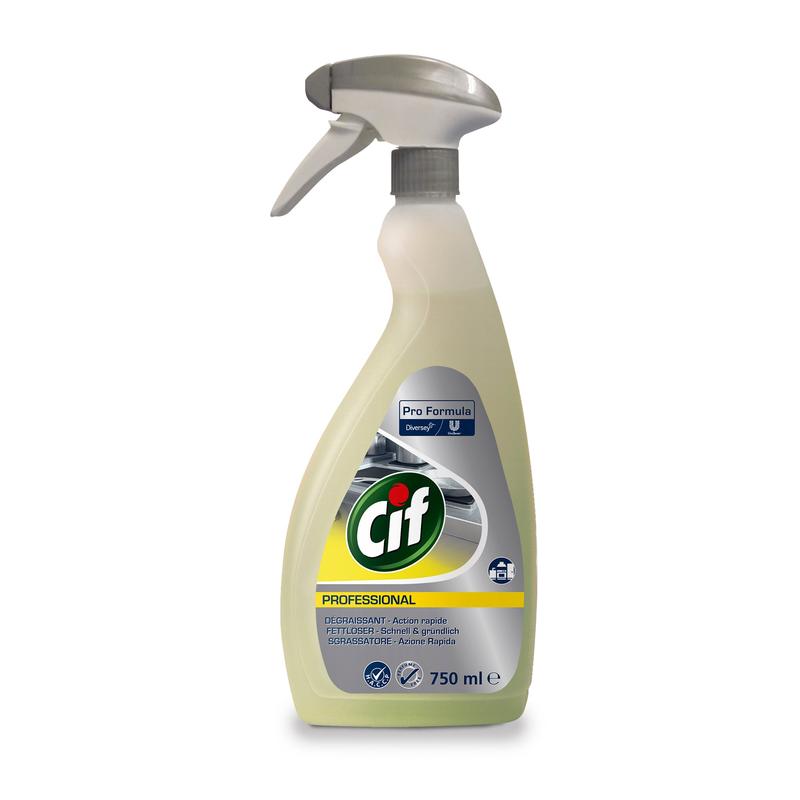 Uma garrafa de 750 ml de Cif Professional Removedor de Gordura da Diversey, forte removedor de gordura para a cozinha, sem perfume, com um bico cinza e um rótulo multilingue com ilustrações de aparelhos de cozinha.