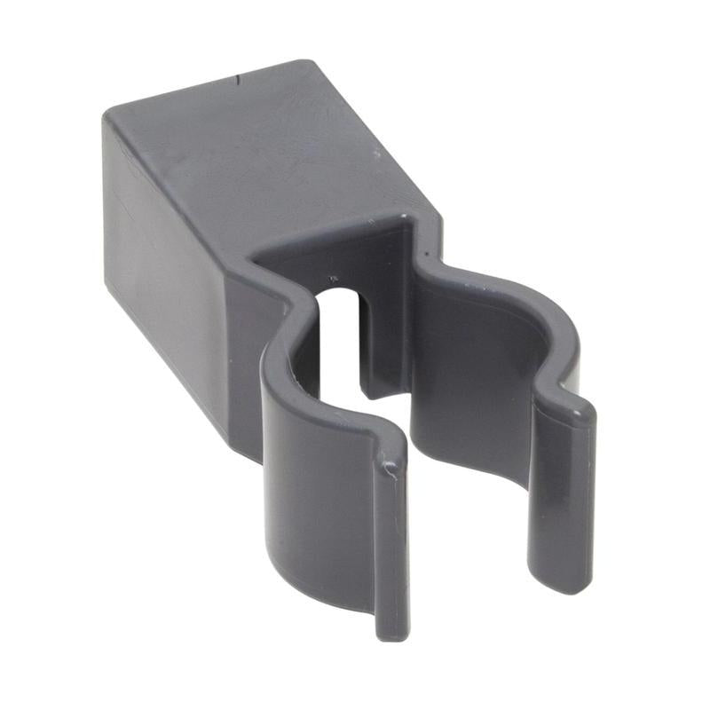 O suporte TASKI para sacos da Diversey Deutschland GmbH & Co. OHG é uma braçadeira de plástico cinza com base retangular e abertura em forma de U, concebida para fixação em perfis de alumínio na gestão de resíduos e possui curvas suaves para segurar objetos cilíndricos.