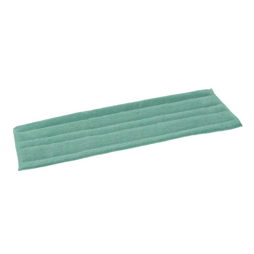 Um retângulo verde TASKI Jonmaster Standard Dry Mop capas de microfibra com velcro da Diversey Deutschland GmbH & Co. OHG com costuras horizontais e fecho de velcro seguro, mostrado plano sobre fundo branco.
