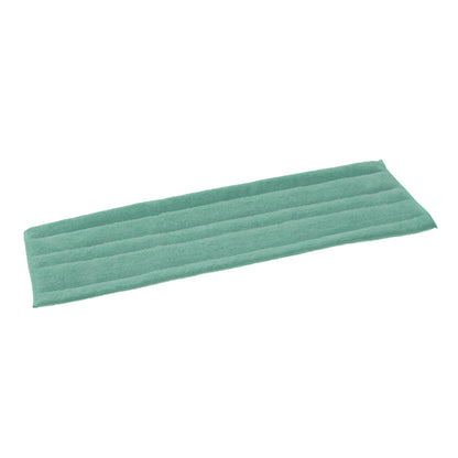 Um retângulo verde TASKI Jonmaster Standard Dry Mop capas de microfibra com velcro da Diversey Deutschland GmbH & Co. OHG com costuras horizontais e fecho de velcro seguro, mostrado plano sobre fundo branco.