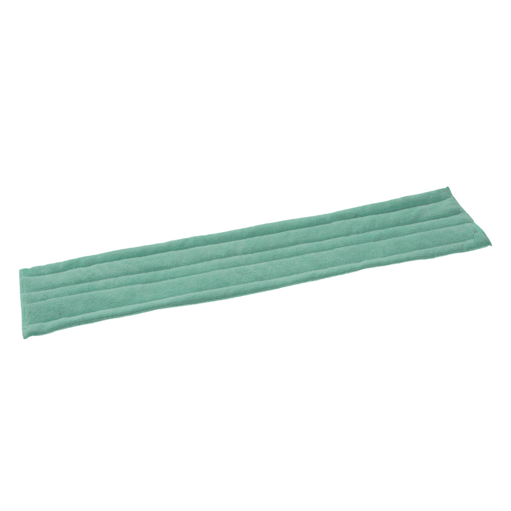 Um retângulo verde TASKI Jonmaster Standard Dry Mop capas de microfibra com velcro da Diversey Deutschland GmbH & Co. OHG com linhas de costura paralelas e fecho de velcro está colocado sobre um fundo branco.