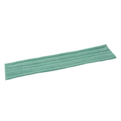 Um retângulo verde TASKI Jonmaster Standard Dry Mop capas de microfibra com velcro da Diversey Deutschland GmbH & Co. OHG com linhas de costura paralelas e fecho de velcro está colocado sobre um fundo branco.