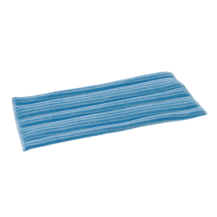 O TASKI Jonmaster Standard Damp Mop Klett-Mikrofaserbezüge da Diversey Deutschland GmbH & Co. OHG é um pano de limpeza de microfibra retangular azul com listras brancas finas, concebido para uma limpeza eficiente e é mostrado plano sobre um fundo branco.
