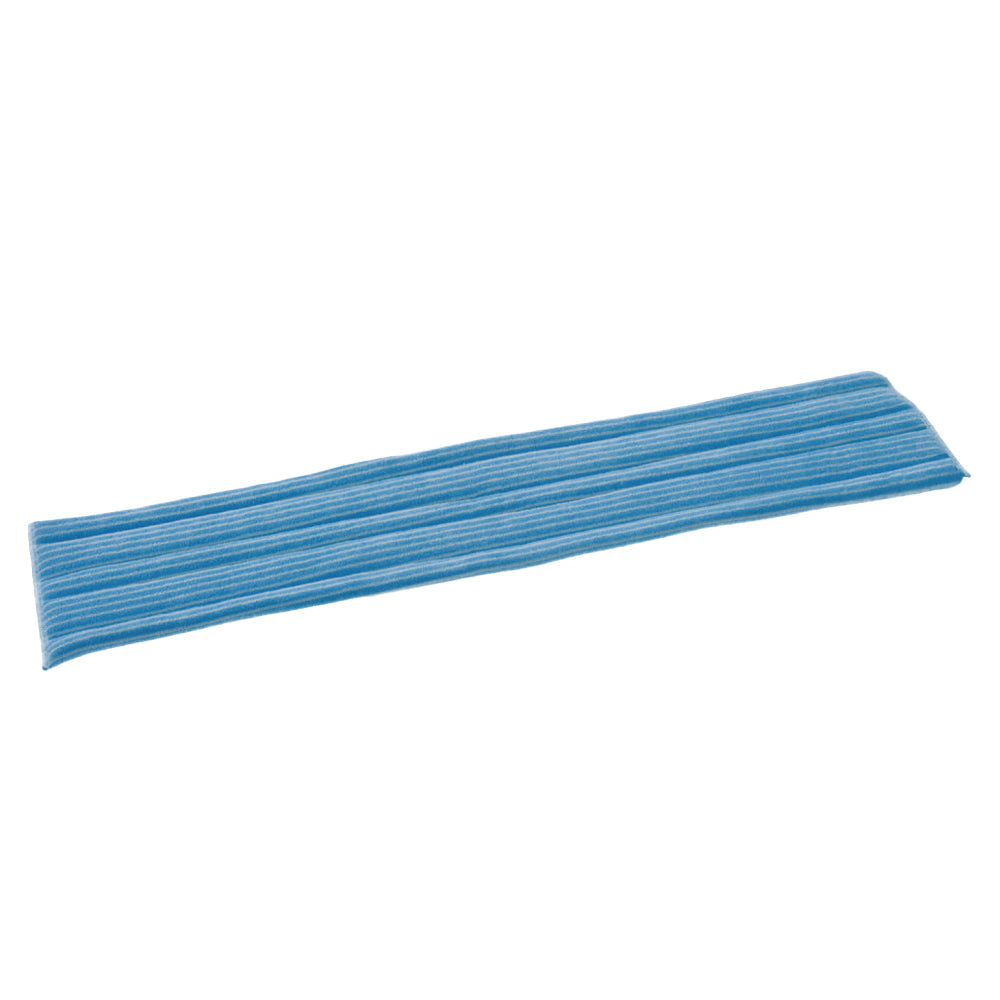 O TASKI Jonmaster Standard Damp Mop Klett-Mikrofaserbezüge da Diversey Deutschland GmbH & Co. OHG é um pano de microfibra longo e retangular azul e branco para uma limpeza minuciosa e eficiente, mostrado plano sobre um fundo branco.