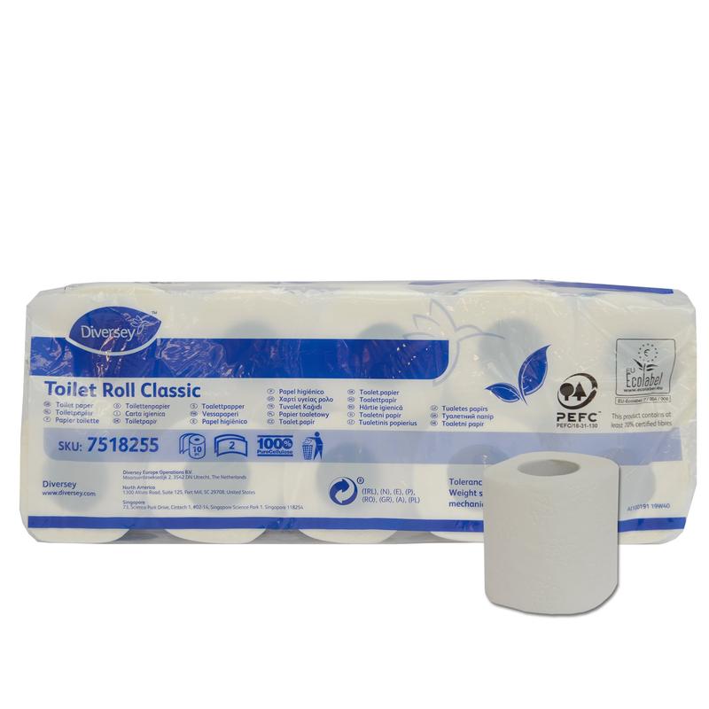 Pacote de 10 "Papel Higiénico Classic" da Diversey Deutschland, celulose branca de 2 camadas, 16,8m por rolo, 160 folhas/rolo (Ø98mm), certificado ambiental; embalagem com informações do produto, rótulo ecológico e design azul e branco.