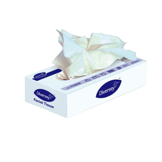 Uma caixa retangular de lenços cosméticos Diversey DI certificados ambientalmente, caixa padrão, 2 camadas, branca (100 unidades), com lenços de 21 x 21 cm é retirada de cima; a caixa predominantemente branca mostra a marca azul e informações do produto.