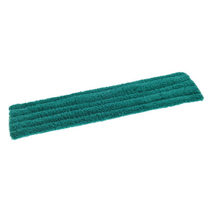 Uma capa de microfibra com velcro verde retangular TASKI Jonmaster Ultra Dry Mop da Diversey Deutschland GmbH & Co. OHG com uma superfície de microfibra estruturada está representada deitada plana sobre um fundo branco.
