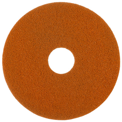 O Diversey Twister Pad laranja para pavimentos de pedra da Diversey Deutschland GmbH & Co. OHG é uma almofada redonda, grossa, com um buraco central, que contém pequenos diamantes microscópicos para a limpeza de pavimentos, visto de cima sobre fundo branco.