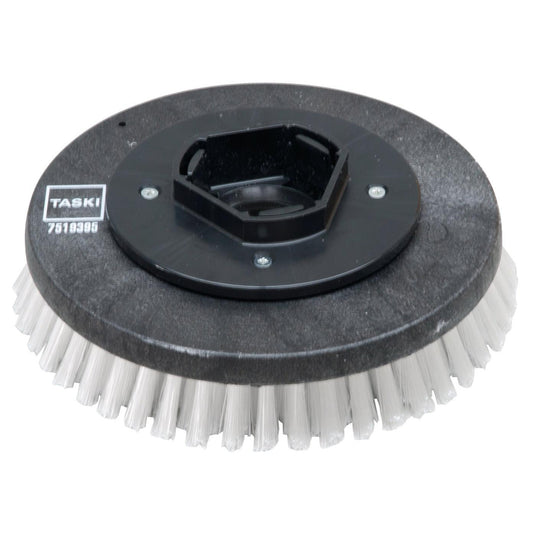 Uma escova de limpeza redonda de plástico preta com cerdas de nylon (28 cm) da Diversey Deutschland GmbH & Co. OHG, com cerdas brancas rígidas, compatível com os modelos swingo 955/1255/2100/5000 para uma limpeza profunda — escova de limpeza padrão, 1 unidade por embalagem.