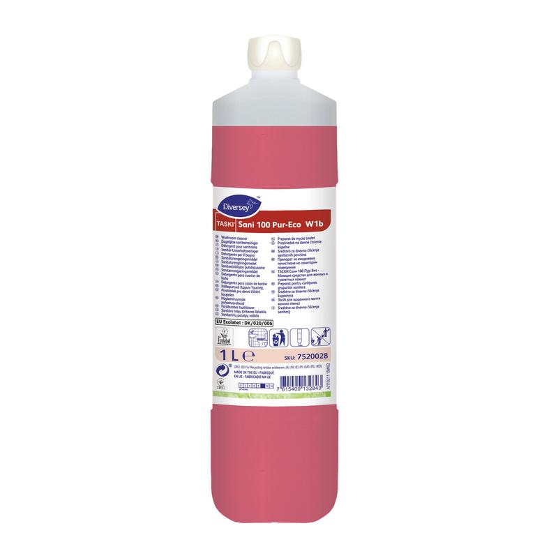 Uma garrafa de 1 litro de TASKI Sani 100 Detergente Sanitário Neutro da Diversey Deutschland GmbH & Co. OHG possui uma tampa branca, líquido vermelho e um rótulo com instruções de uso, símbolos e detalhes do produto para a limpeza sanitária higiênica.