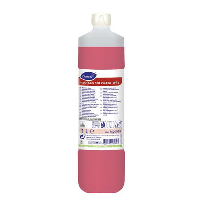Uma garrafa de 1 litro de TASKI Sani 100 Detergente Sanitário Neutro da Diversey Deutschland GmbH & Co. OHG possui uma tampa branca, líquido vermelho e um rótulo com instruções de uso, símbolos e detalhes do produto para a limpeza sanitária higiênica.