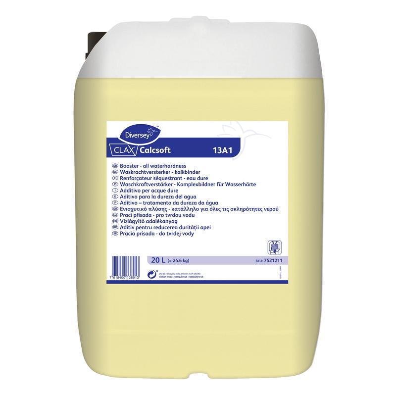 Um recipiente de 20 litros de Clax Calcsoft 13A1, um agente líquido para a dureza da água da Diversey Deutschland GmbH & Co. OHG, com tampa branca, líquido amarelo e um rótulo frontal com informações multilíngues do produto e instruções para uso comercial.