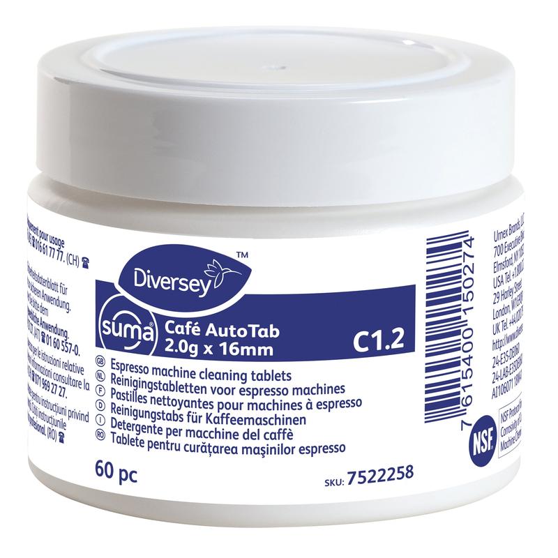 Um recipiente de plástico branco da Diversey Deutschland GmbH & Co. OHG com a inscrição "Suma Café AutoTab pastilhas de limpeza para máquinas de café expresso 60 unid." contém 60 pastilhas para remoção de gorduras/óleos de café e para prolongar a vida útil da máquina, com informações multilingues numa etiqueta azul e branca.