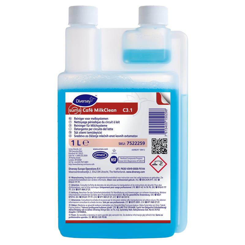 O detergente para sistemas de leite Suma Café MilkClean C3.1 de 1L da Diversey Deutschland GmbH & Co. OHG possui um líquido azul, uma garrafa de pescoço duplo, uma tampa branca e um rótulo multilingue com instruções de uso e segurança para a limpeza de máquinas de café.