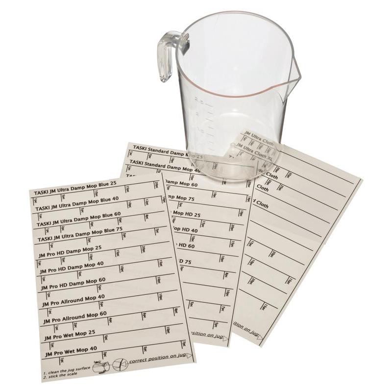 Em três folhas do conjunto de autocolantes para copos de medição, conjunto de autocolantes de substituição para copos de medição | Embalagem (1 unidade) da Diversey Deutschland GmbH & Co. OHG; nos autocolantes estão listados tipos de mopa com caixas e instruções. O fundo é branco.