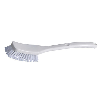 A escova universal - dureza média (295 x 40 x 55 mm, 2 peças) da Diversey Deutschland GmbH & Co. OHG é uma escova de louça de plástico branco com cabo curvado e cerdas rígidas para a limpeza de todas as superfícies, apresentada sobre um fundo liso.