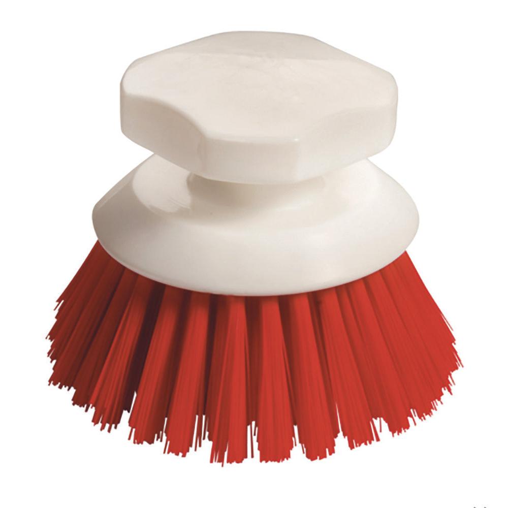 A escova de botões com cerdas duras 90x120mm da Diversey Deutschland GmbH & Co. OHG, com cabo de plástico branco e cerdas vermelhas, é mostrada contra um fundo branco simples para uma limpeza completa.