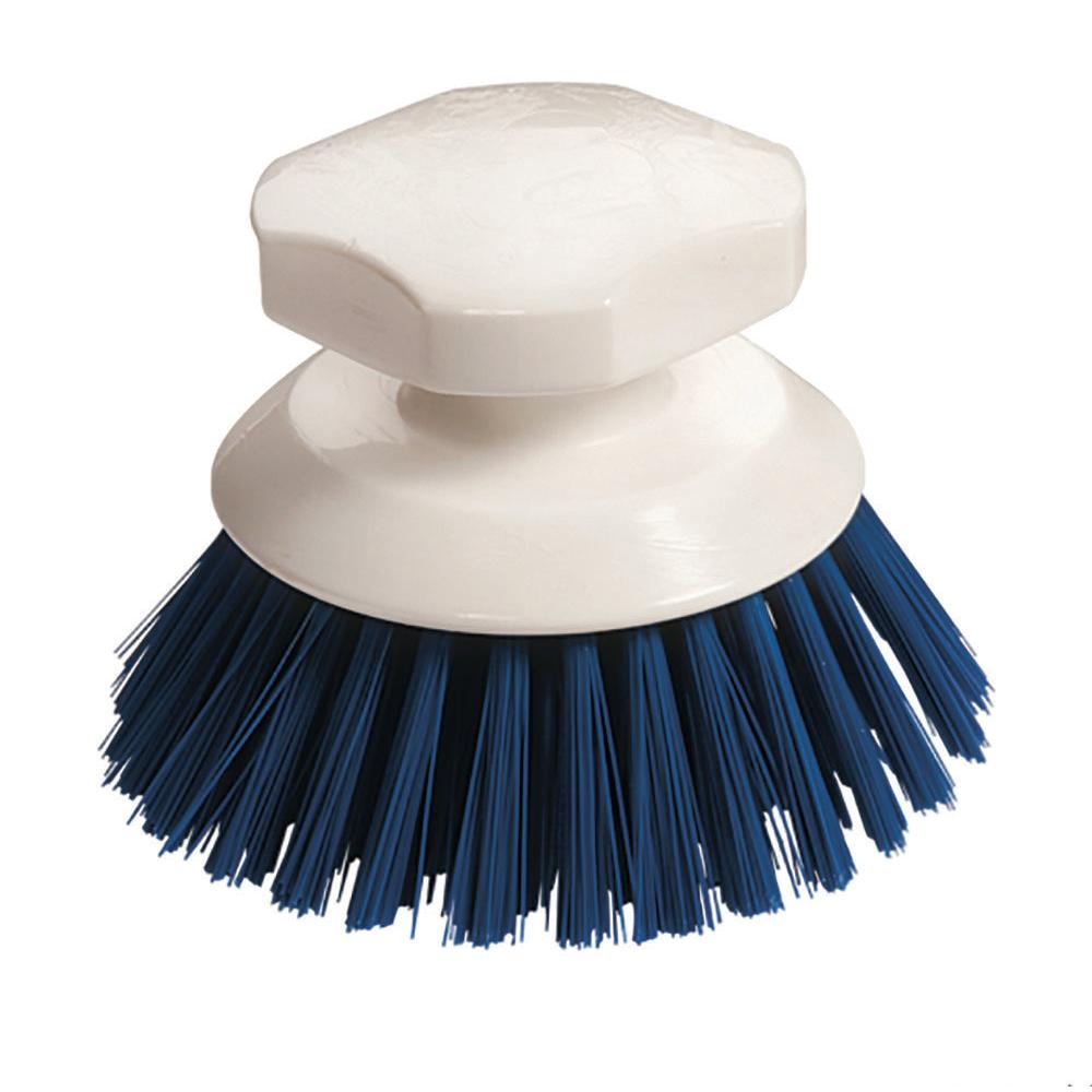 A escova de botões com cerdas duras 90x120mm da Diversey Deutschland GmbH & Co. OHG com cabo de plástico branco é vista em fundo branco - ideal para uma limpeza completa.